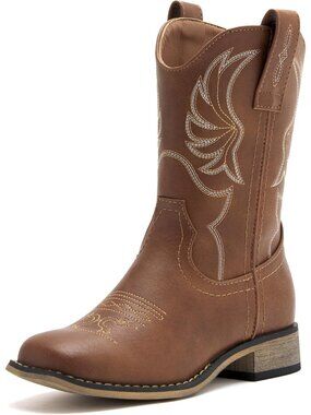 Girls Brown Embroidered Cowgirl Stylish Girls Mid Calf Toe Riding Shoes Boots